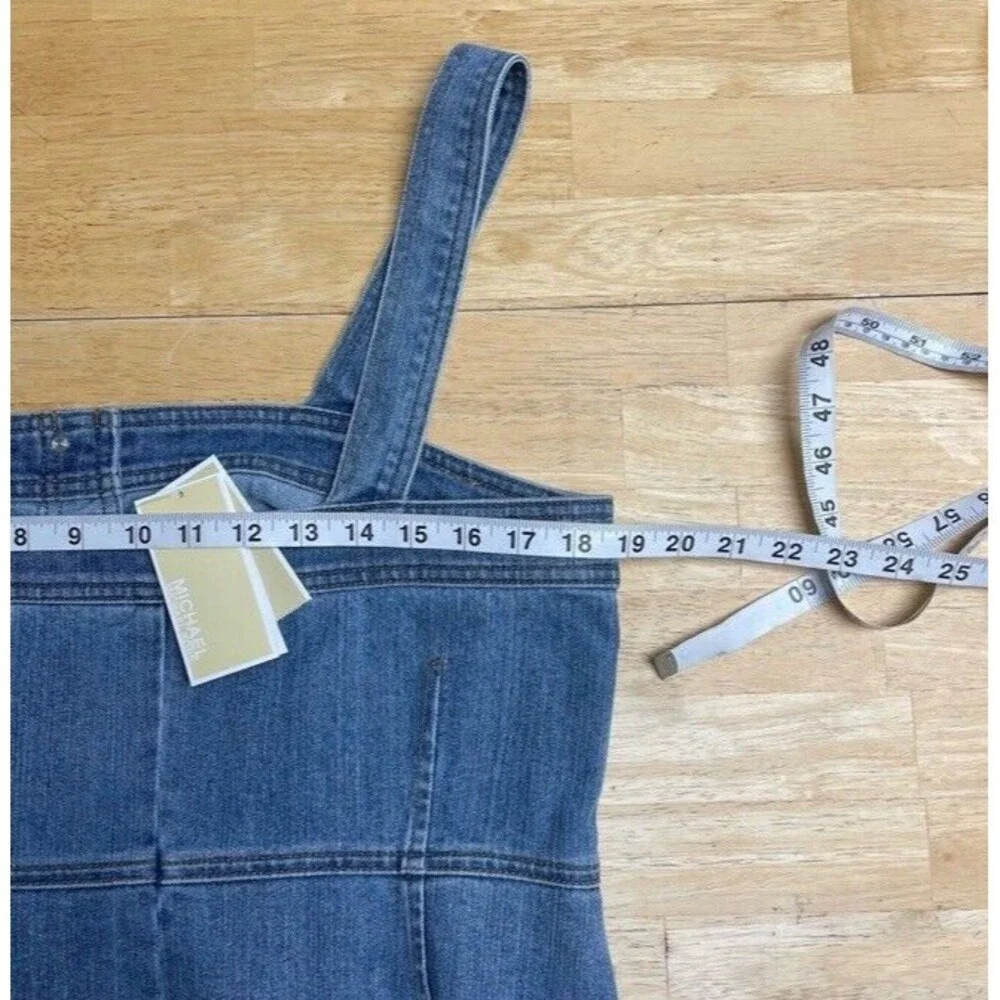Michael Kors Stretch Denim Dress Pockets Straps Overalls Preppy 90s Size 12 NEW - Picture 9 of 13